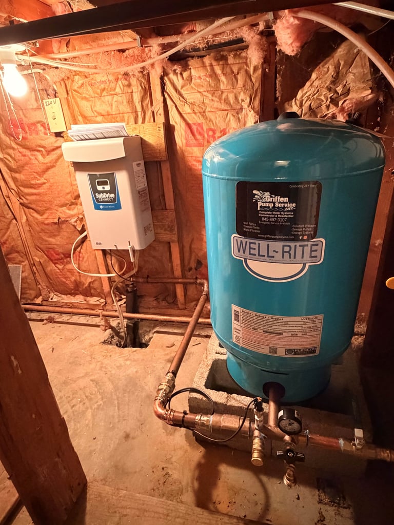 Turquoise Well-Rite water pressure tank and white water softener system in basement with copper piping and orange insulation on walls