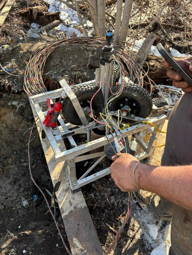 Person working on electrical equipment with coiled wiring and red connectors in metal frame mounted outdoors