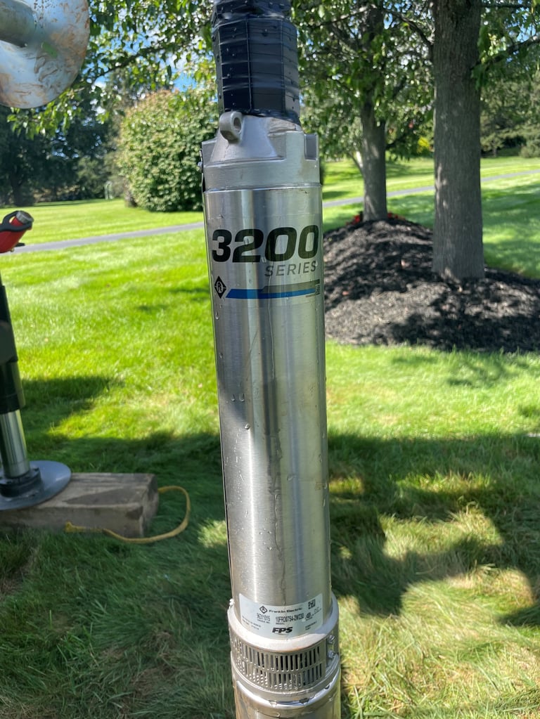 Stainless steel 3200 series well pump installed in a residential yard with green lawn and trees